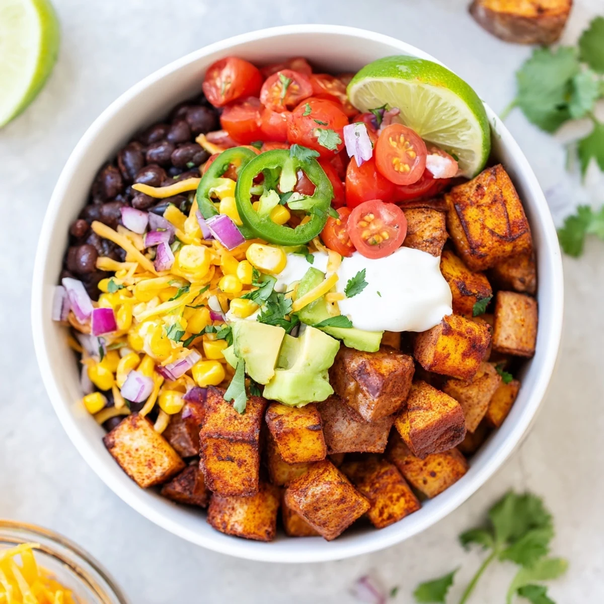 Crispy spiced potatoes piled high with cheese and avocado in these loaded fiesta potato bowls