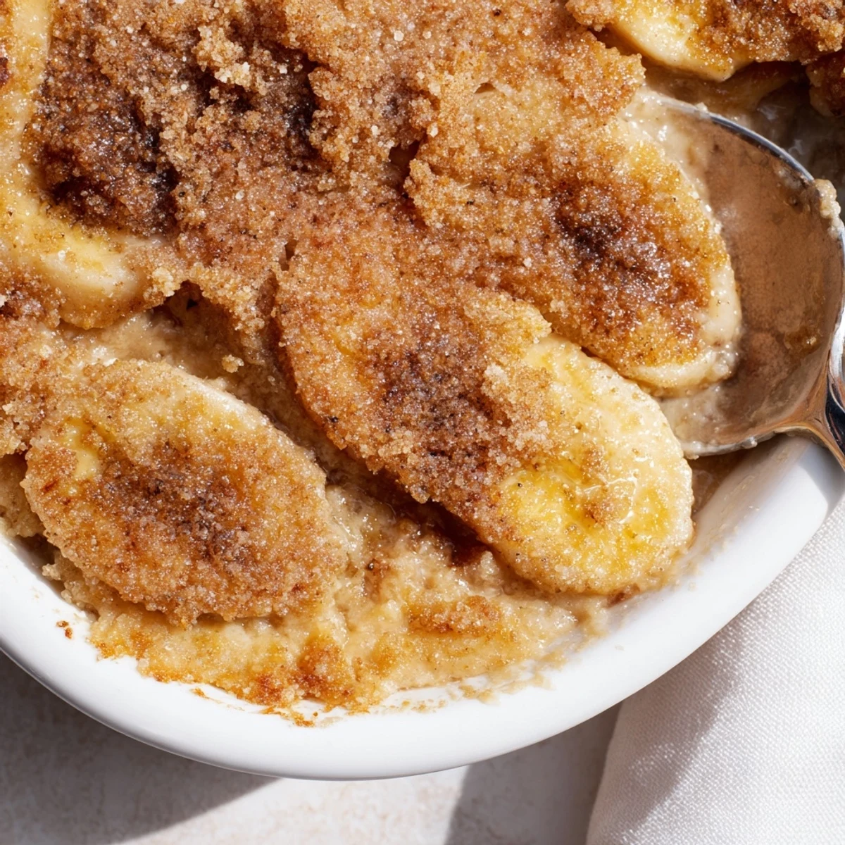 Ripe banana slices peeking through golden cobbler topping in a cozy cast-iron skillet