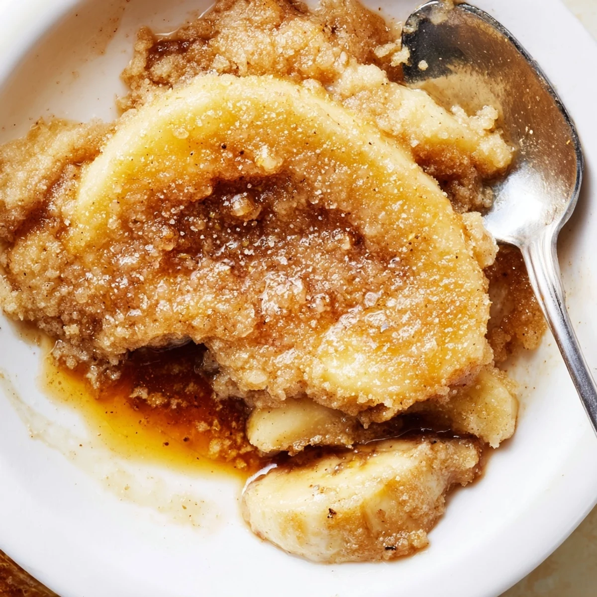 Warm Southern banana cobbler served in a dish with melting vanilla ice cream