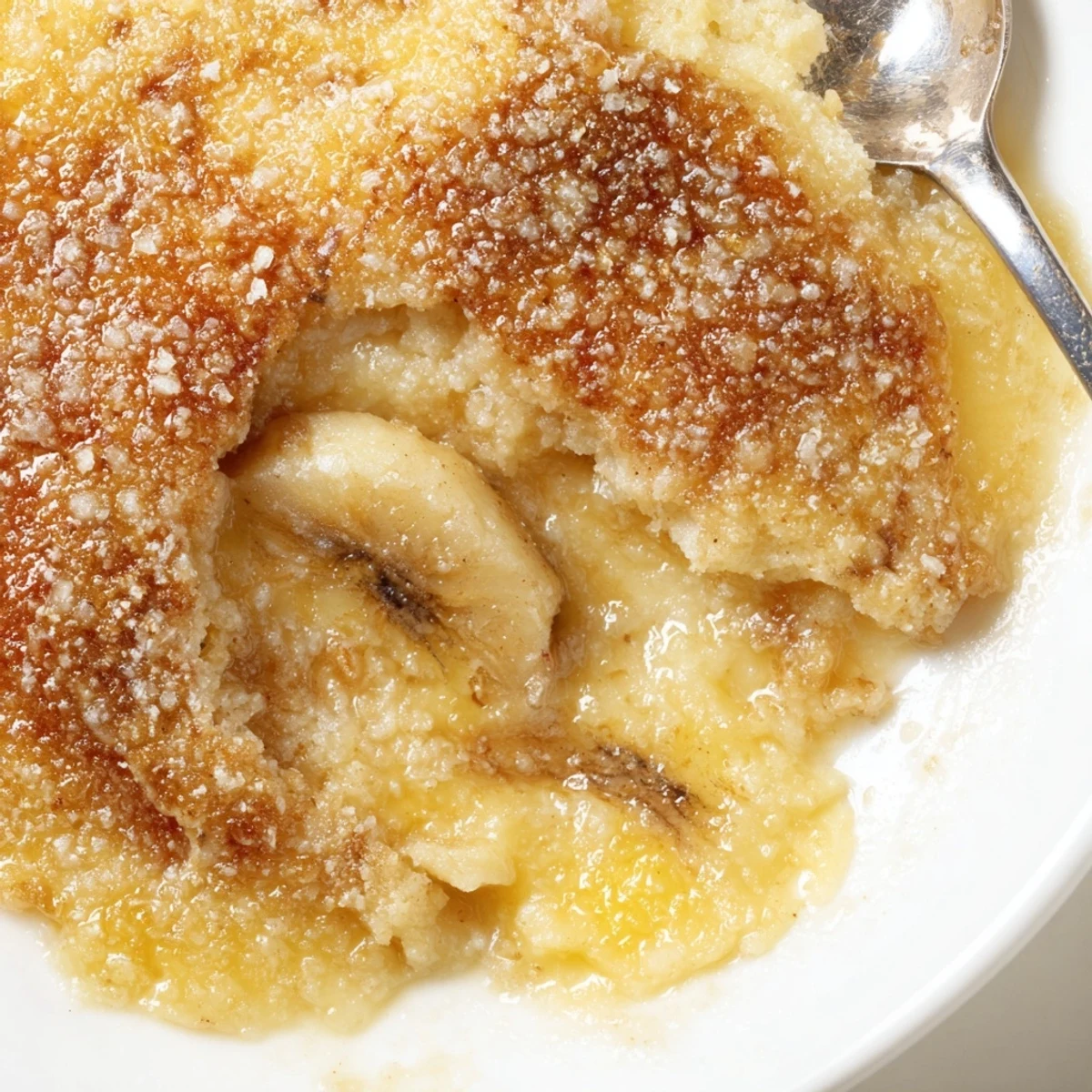 Golden Southern banana cobbler bubbling beneath a buttery, sugar-sprinkled topping