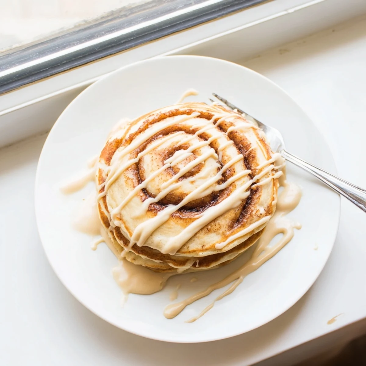 Golden cinnamon roll pancakes drizzled with cream cheese icing on a white plate.