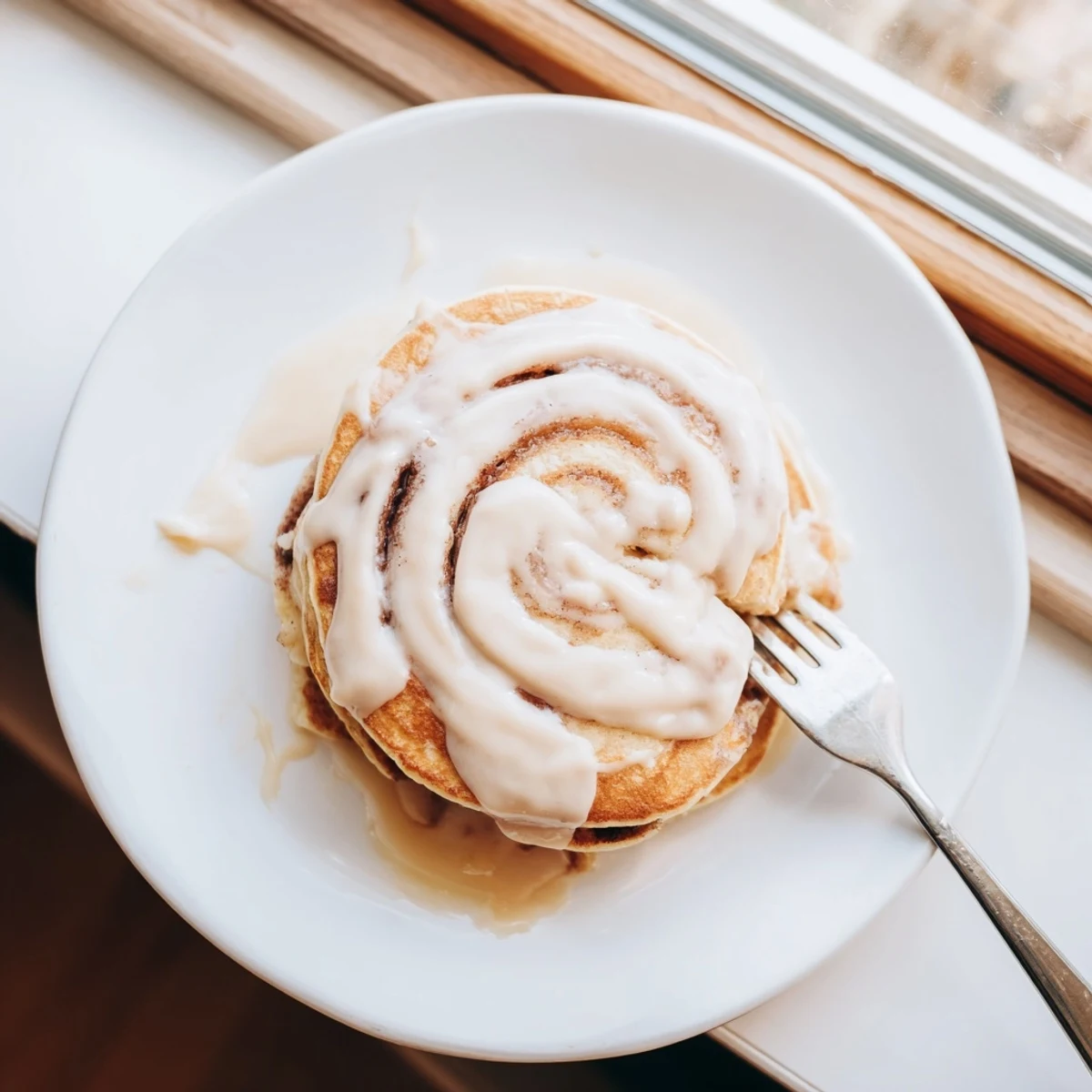 Fluffy pancakes swirled with cinnamon sugar filling, served warm with creamy glaze.