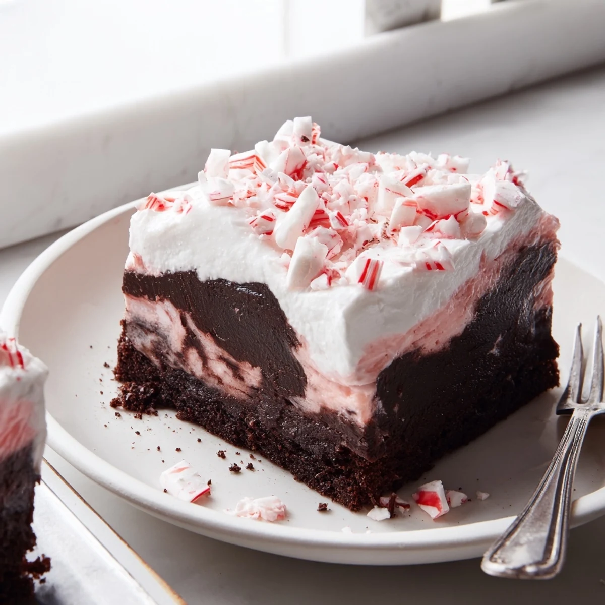 Peppermint Poke Cake chilled with fluffy whipped topping and crunchy candy sprinkles