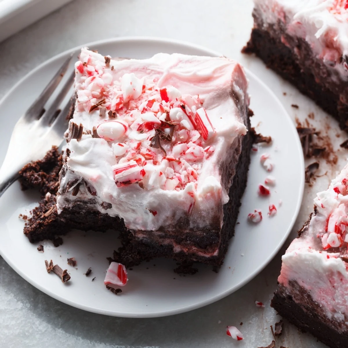 Sliced Peppermint Poke Cake showing moist chocolate crumbs and minty pudding filling