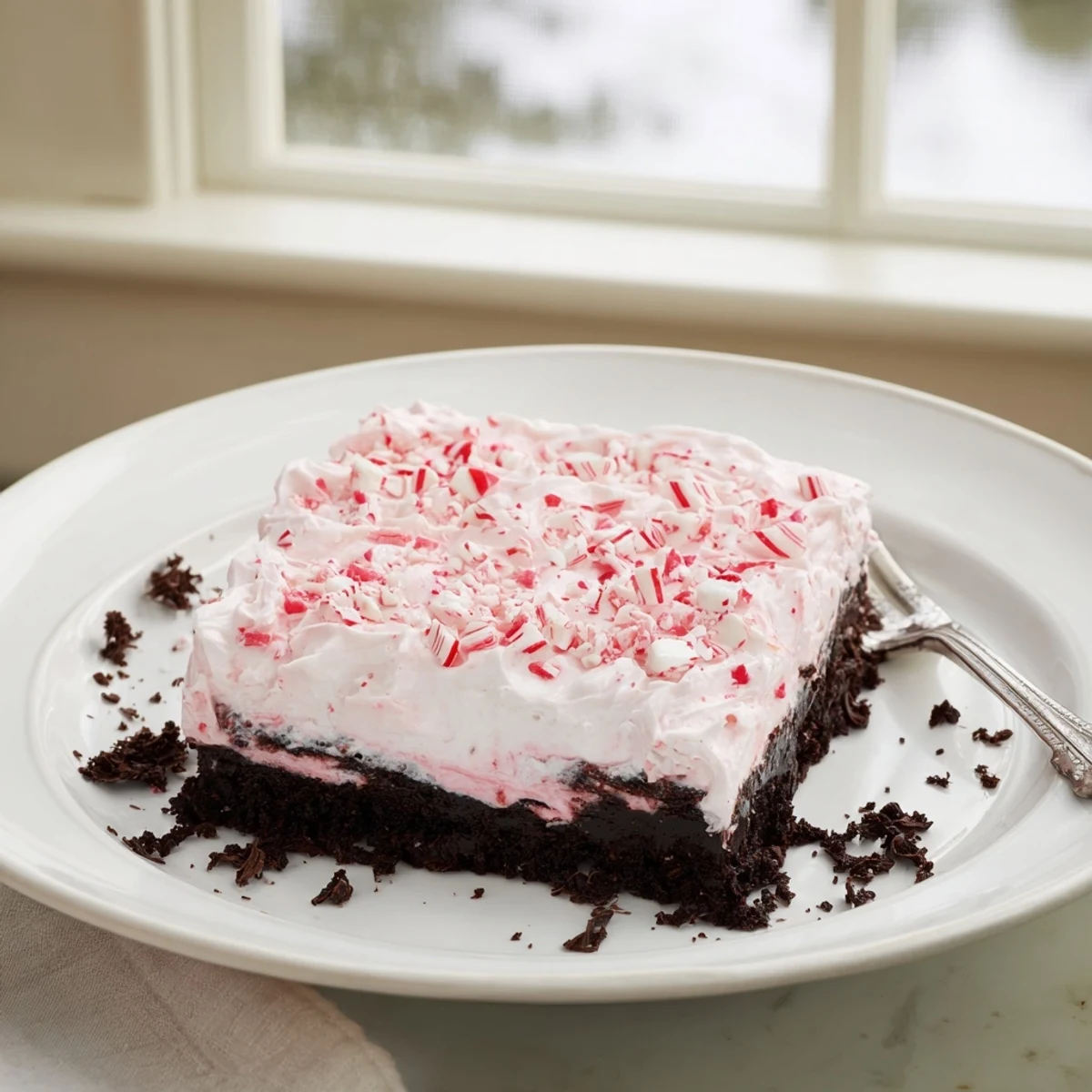Holiday Peppermint Poke Cake garnished with crushed candy canes, ready to serve