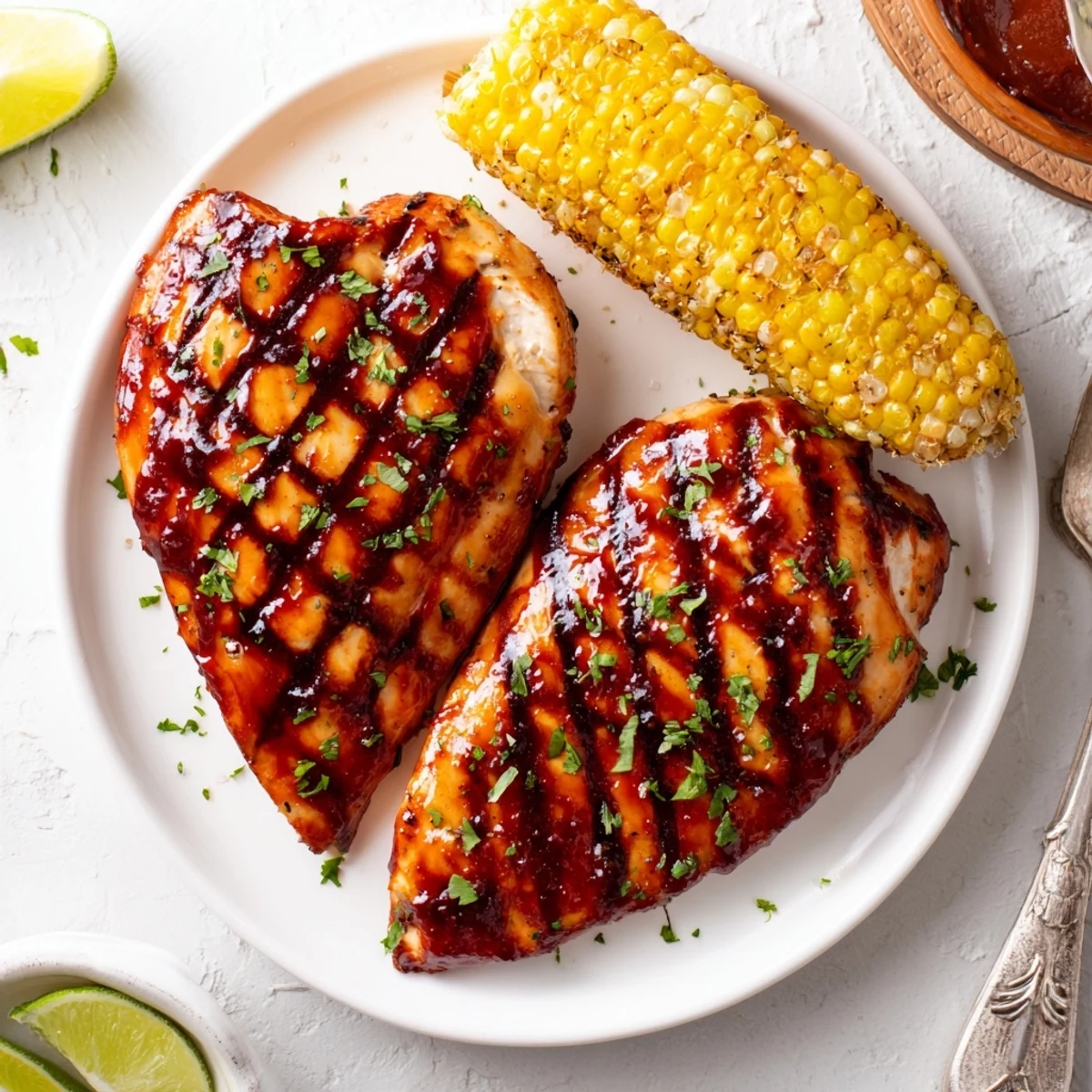 BBQ Chicken With Corn glistening with barbecue sauce, smoky char marks, buttered corn.