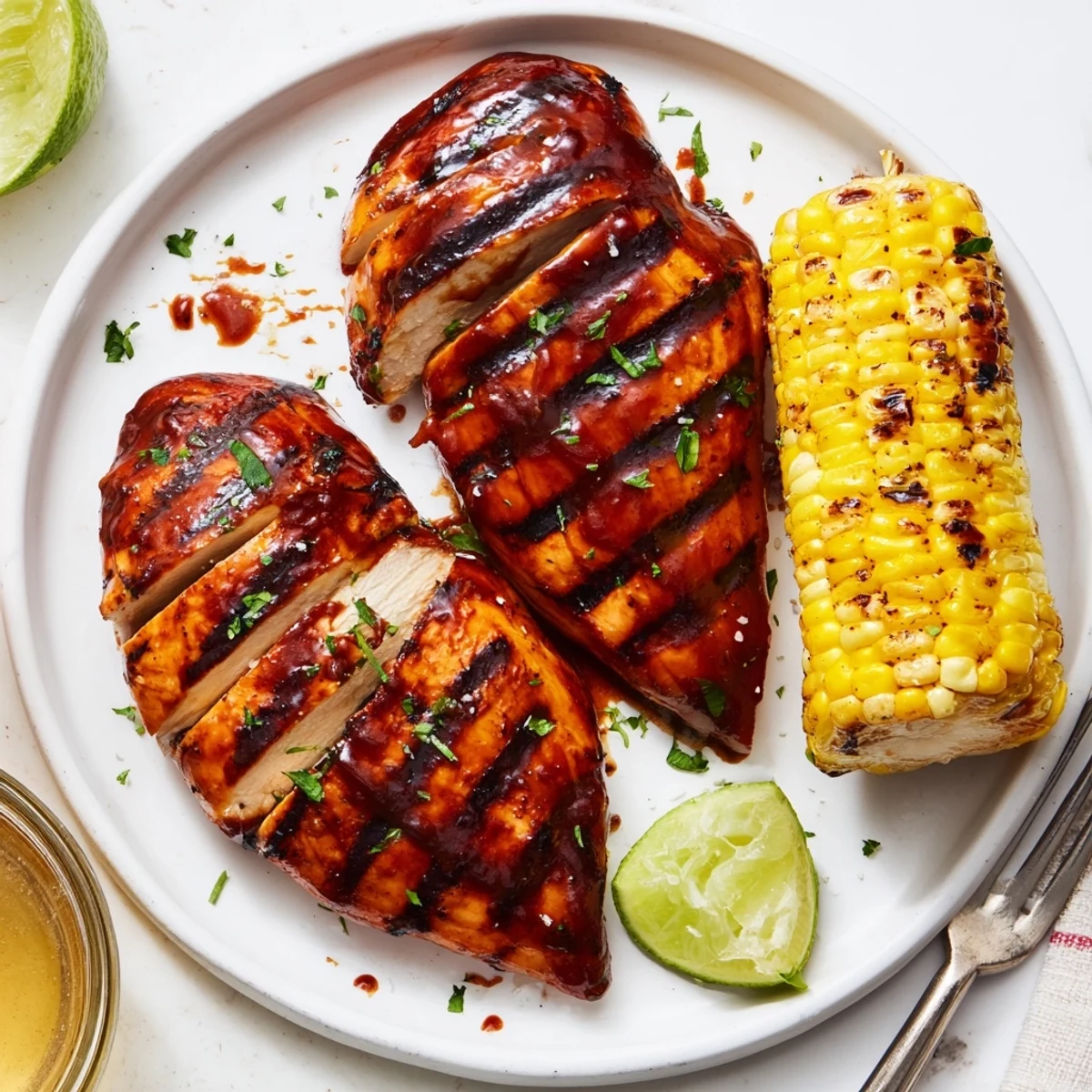 Grilled BBQ Chicken With Corn served with charred kernels, lime wedge and parsley.