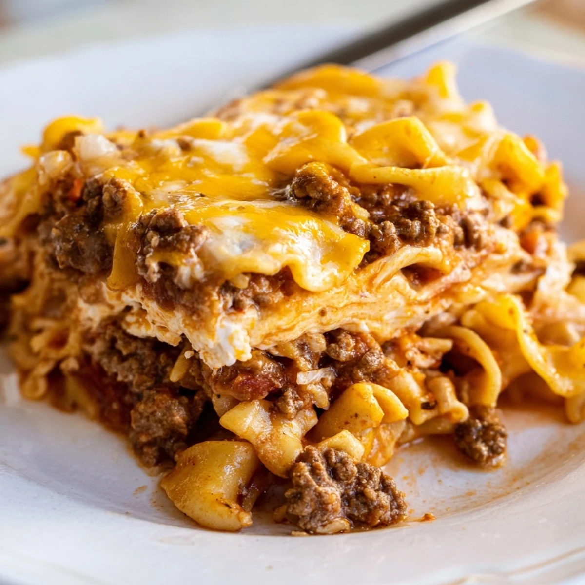 Beef Lombardi Casserole bubbling golden with melted cheddar, ready to serve