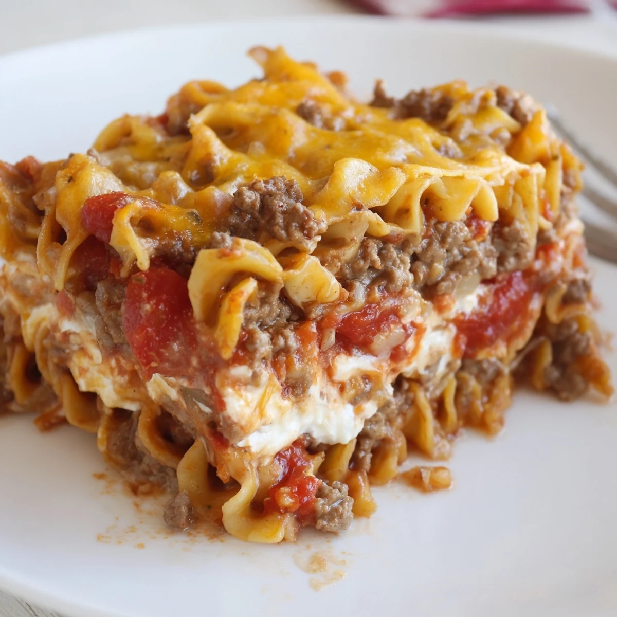 Hearty Beef Lombardi Casserole layered with creamy cottage cheese and noodles