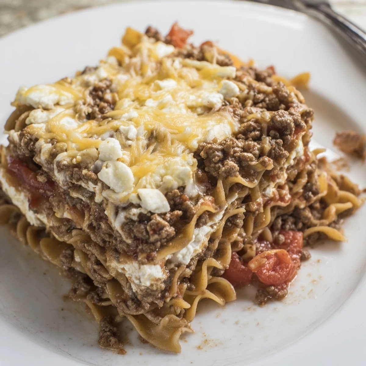 Oven-baked Beef Lombardi Casserole releasing tomato aroma, paired with crusty bread
