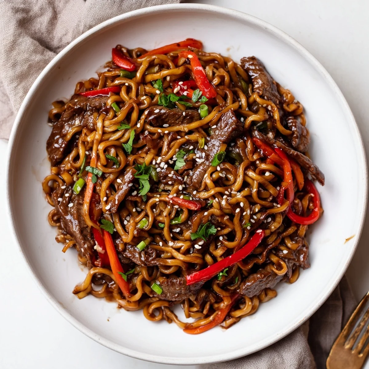 Glossy Sticky Beef Noodles tossed with sesame seeds and scallions, steam rising