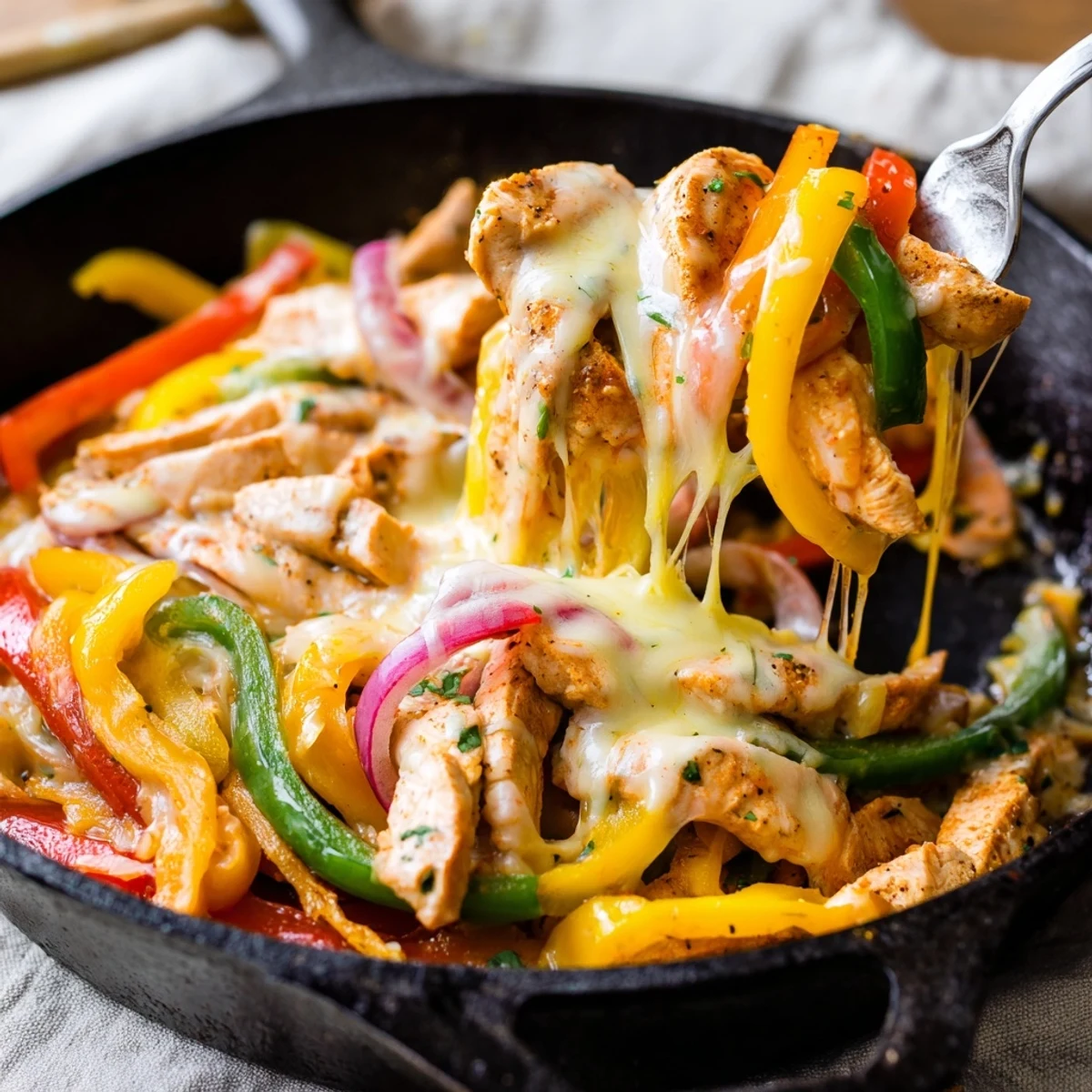 Sizzling Cheesy Baja Chicken Bell Pepper Skillet with melted cheese and cilantro
