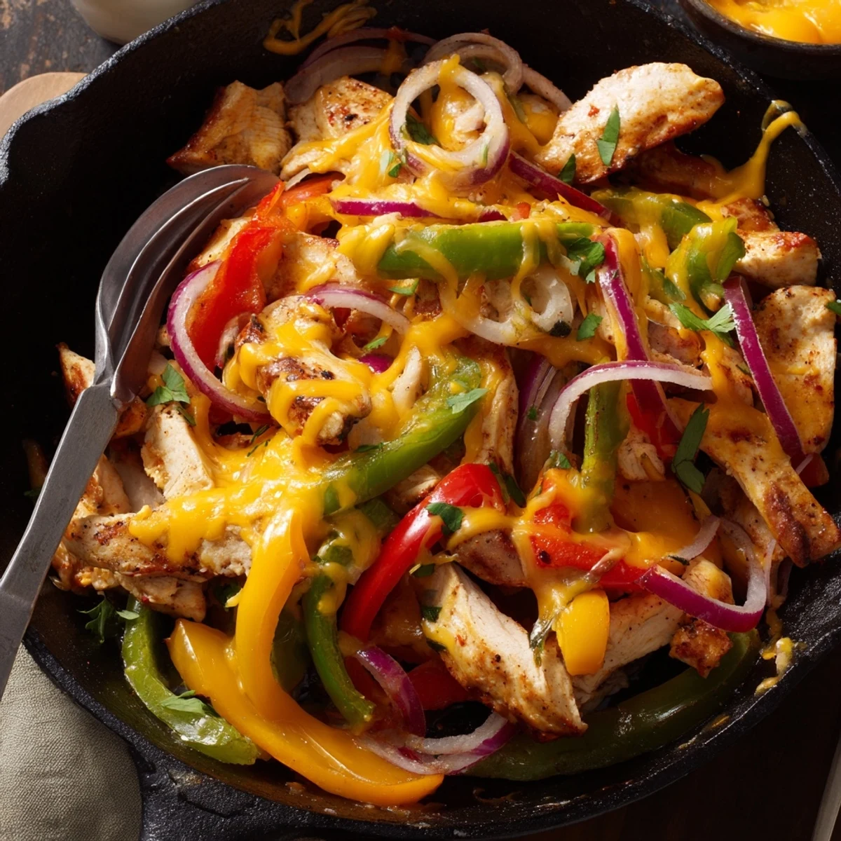 One-pan Cheesy Baja Chicken Bell Pepper Skillet with juicy chicken and bubbly cheese