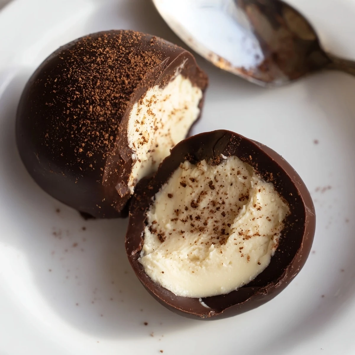 Dark Chocolate Eggnog Truffles piled on a plate, glossy shells, nutmeg dusting