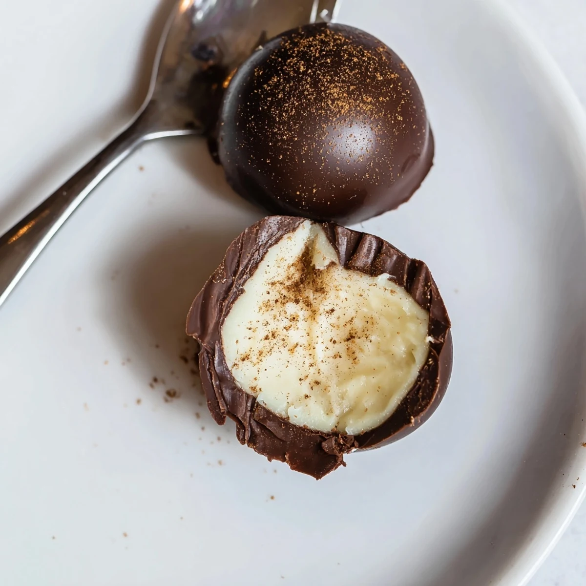 A close-up of Dark Chocolate Eggnog Truffles, velvety ganache and cinnamon sprinkle