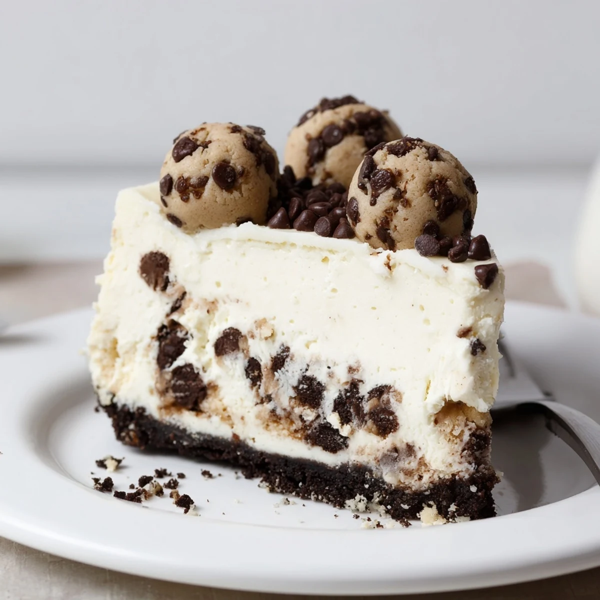 Chocolate Chip Cookie Dough Cheesecake with gooey cookie dough pockets and chocolate crust
