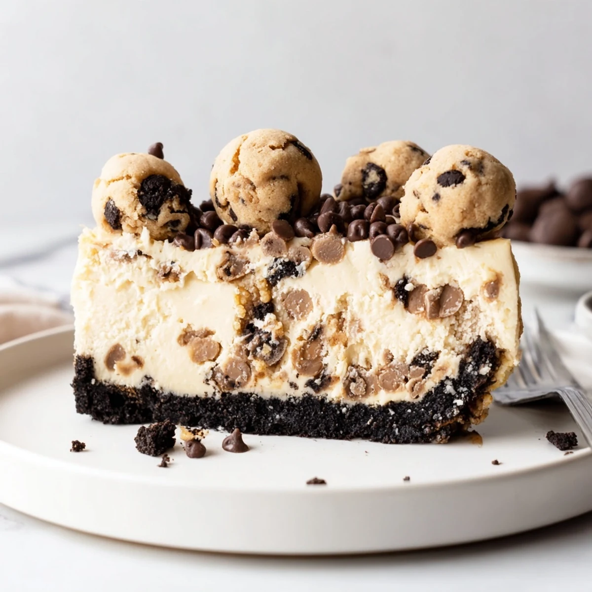 Decadent Chocolate Chip Cookie Dough Cheesecake topped with cookie dough balls and chocolate drizzle