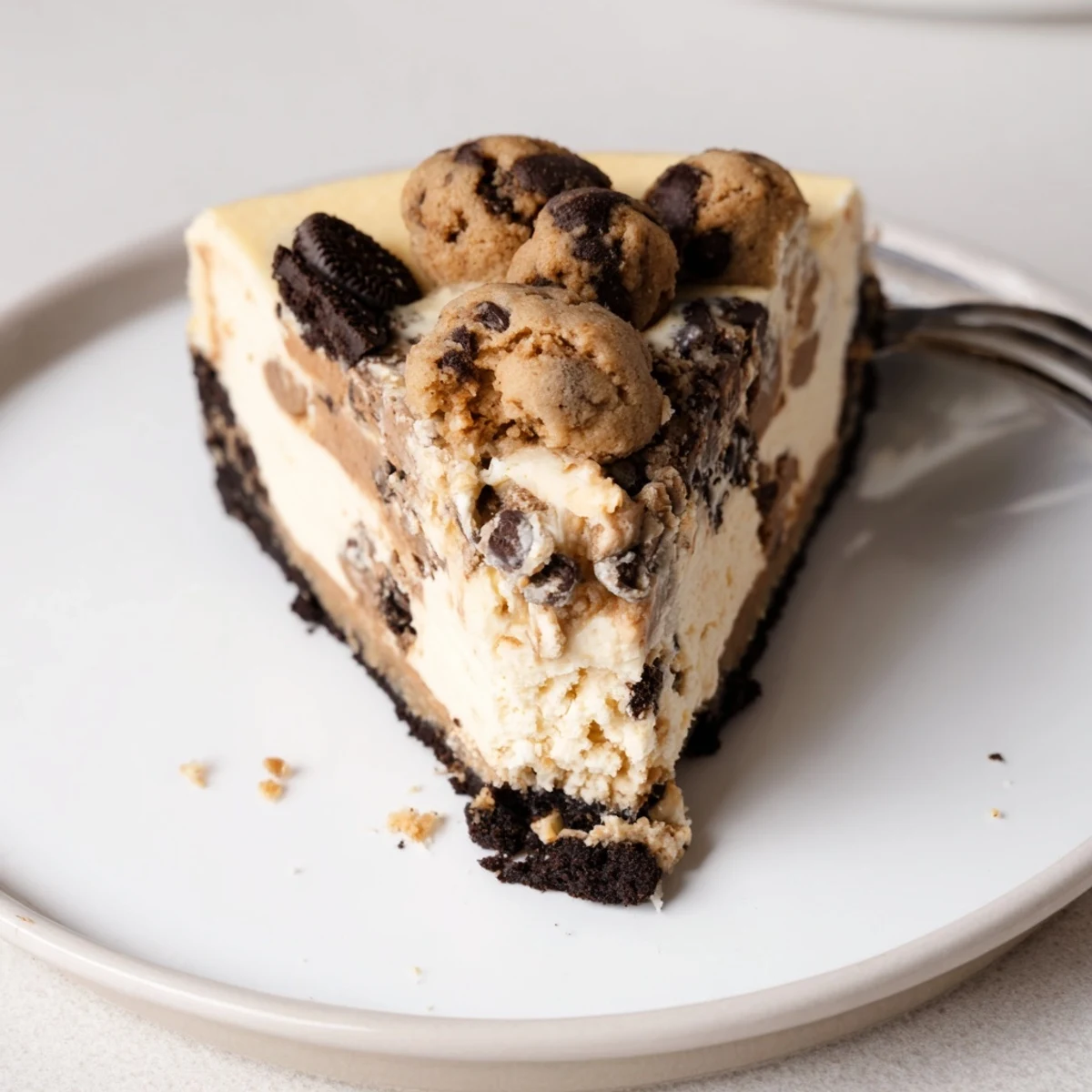 Sliced Chocolate Chip Cookie Dough Cheesecake chilled, creamy layers dotted with mini chocolate chips