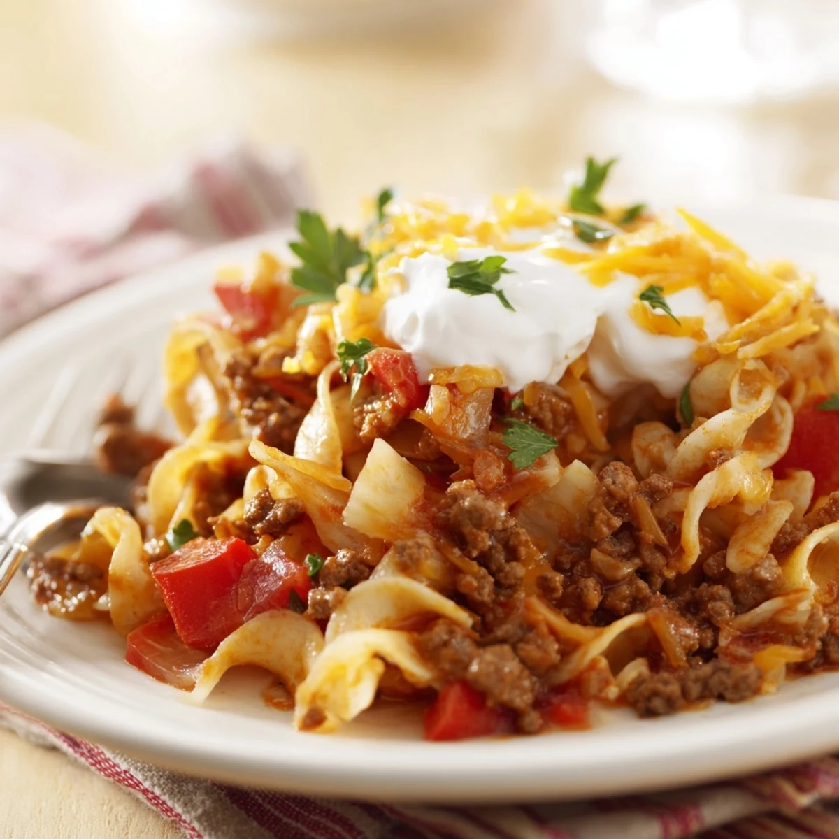 Hearty Beef Noodle Casserole mixed with tender noodles and creamy sour cream