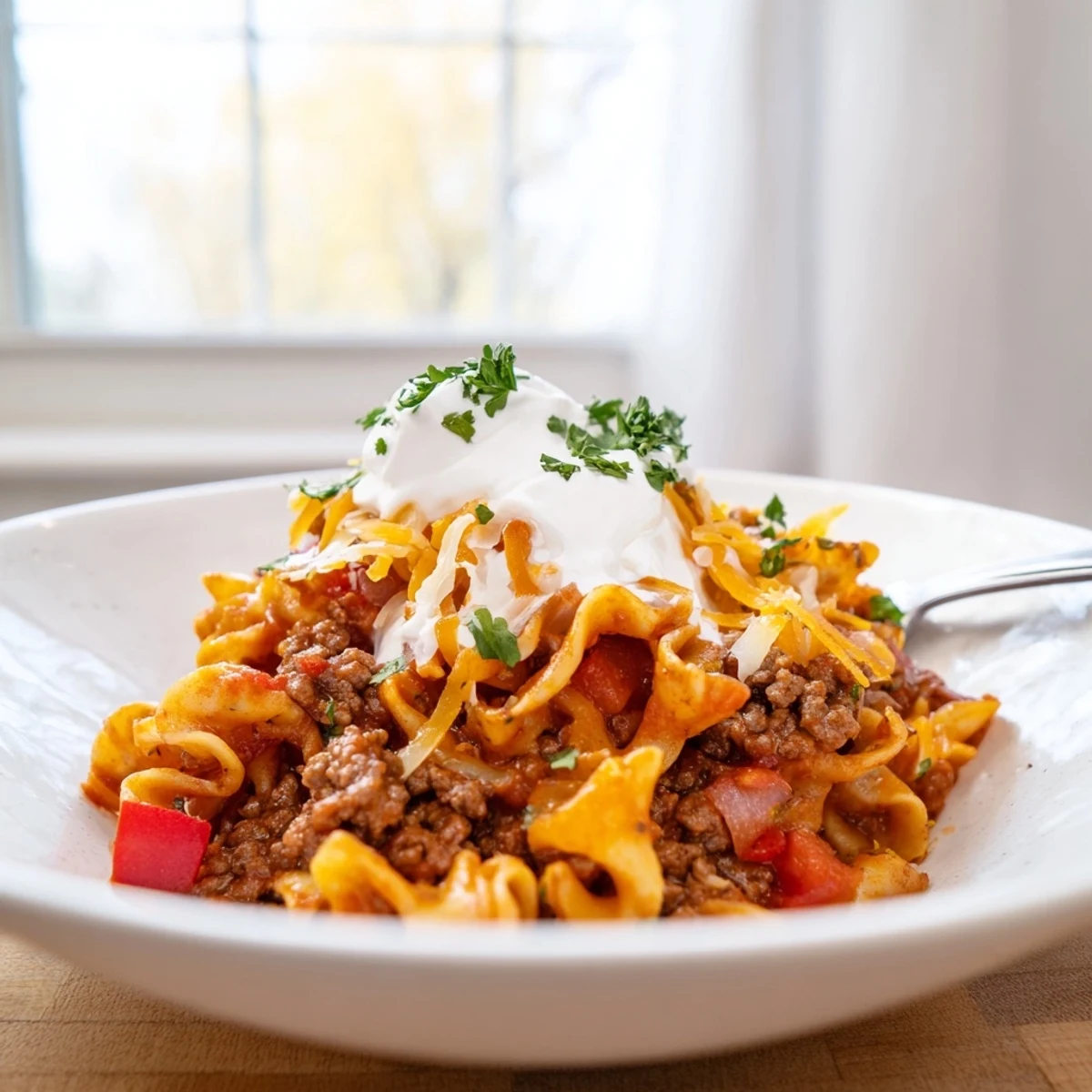 Bubbly Beef Noodle Casserole topped with melted cheddar, steaming from the oven