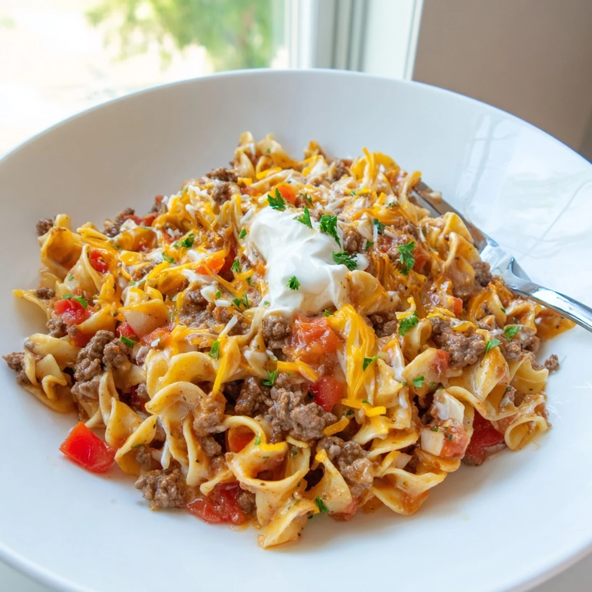 Family-style Beef Noodle Casserole served hot with garlic bread and crisp salad