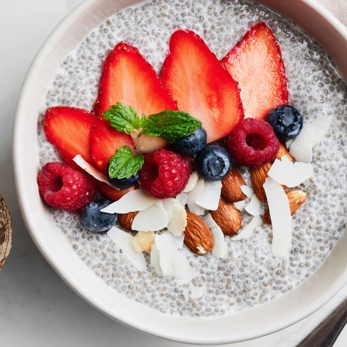 Creamy Chia Seed Pudding topped with fresh berries and mint, chilled.