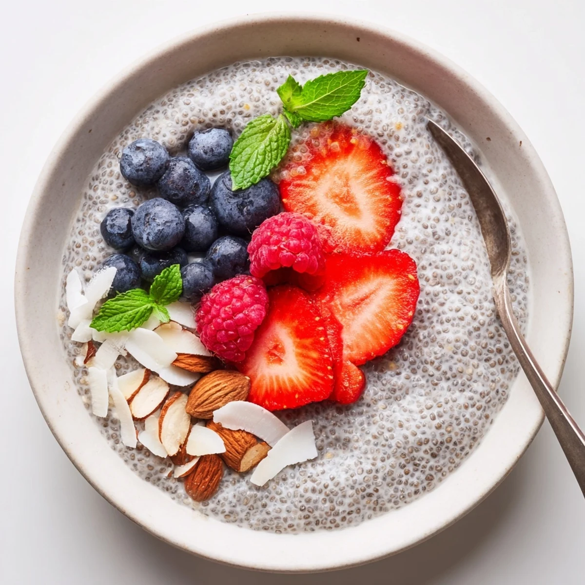 Glass jar of Chia Seed Pudding with crunchy nuts and coconut.