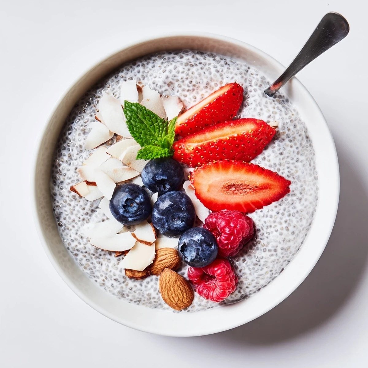 Silky vanilla Chia Seed Pudding spooned into bowls for breakfast parfait.