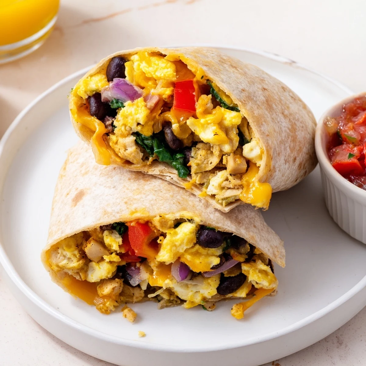 Protein Breakfast Burrito overflowing with melted cheddar, turkey, spinach, ready to eat
