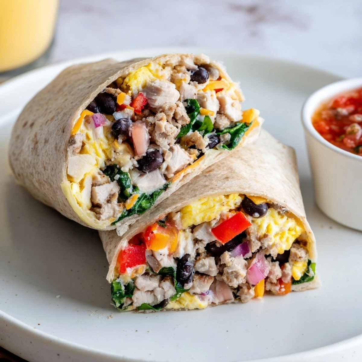 Sliced in half, the Protein Breakfast Burrito pairs well with salsa