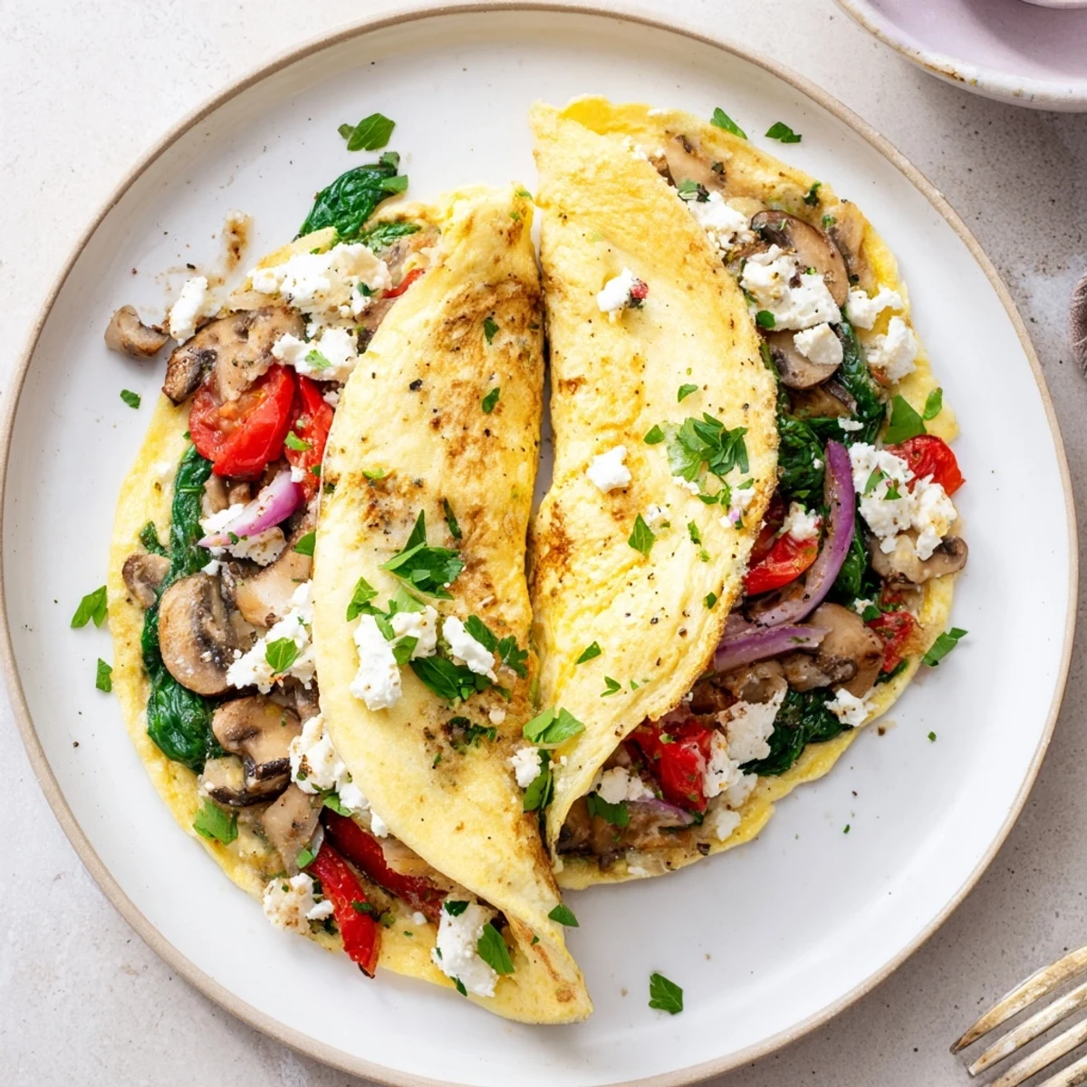 Egg White Omelette with Vegetables, fluffy whites folded over sauteed colorful veggies