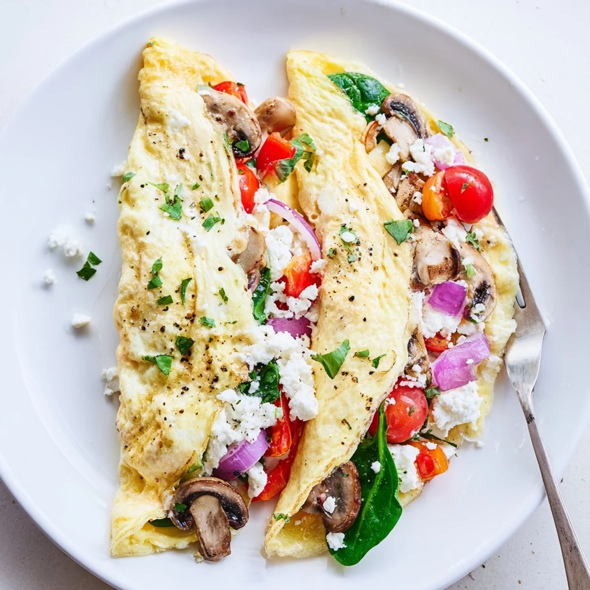 Skillet Egg White Omelette with Vegetables showing wilted spinach and melted feta