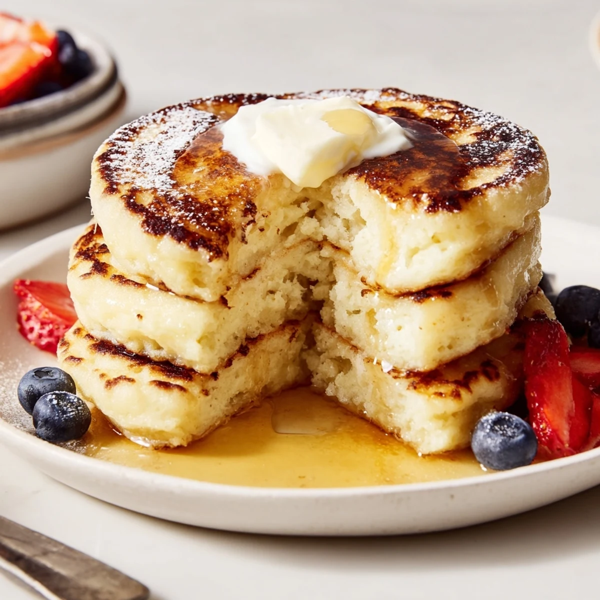 Cottage Cheese Pancakes stacked warm, golden edges, topped with fresh berries