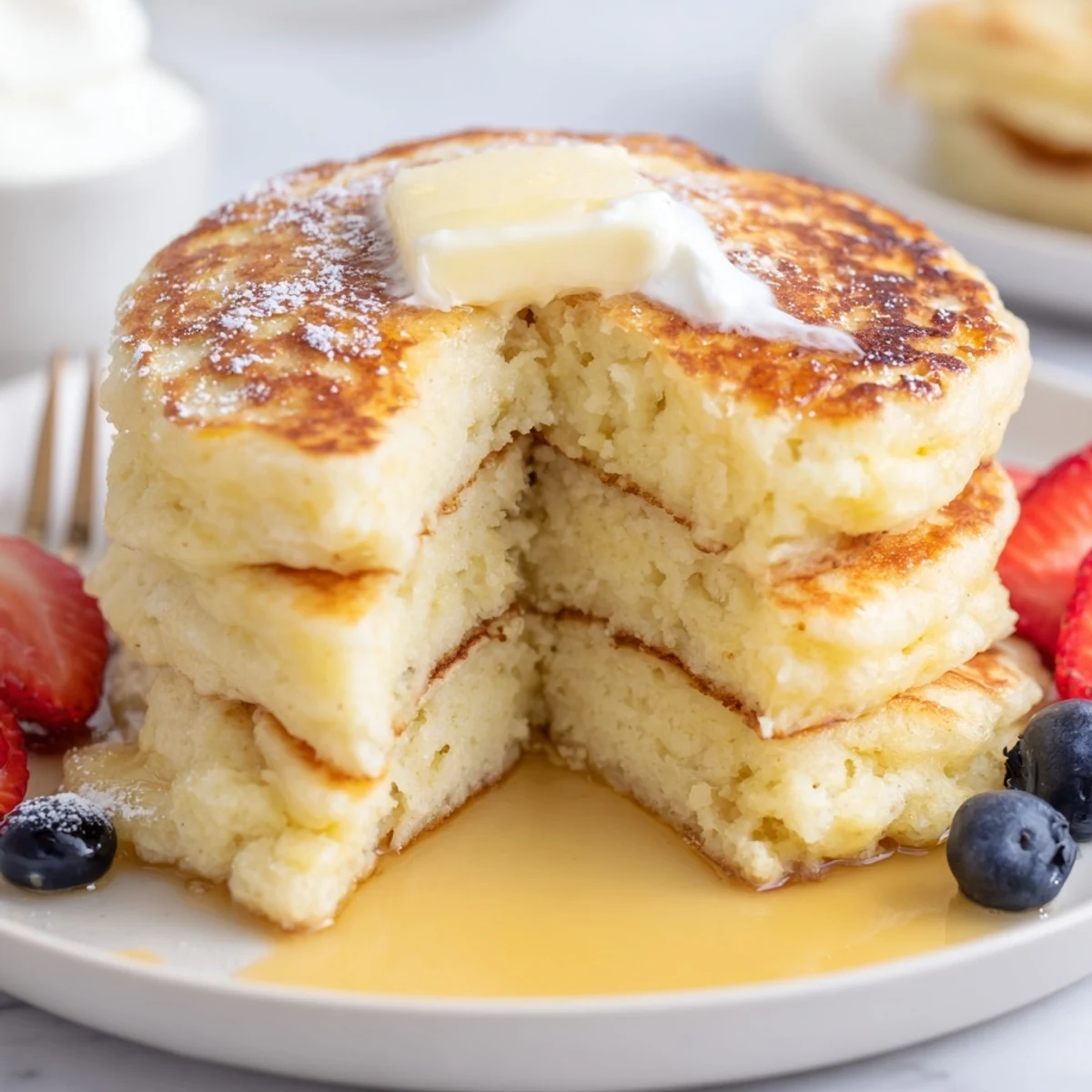 Weekend brunch favorite served warm, maple-drizzled and berry-topped Cottage Cheese Pancakes