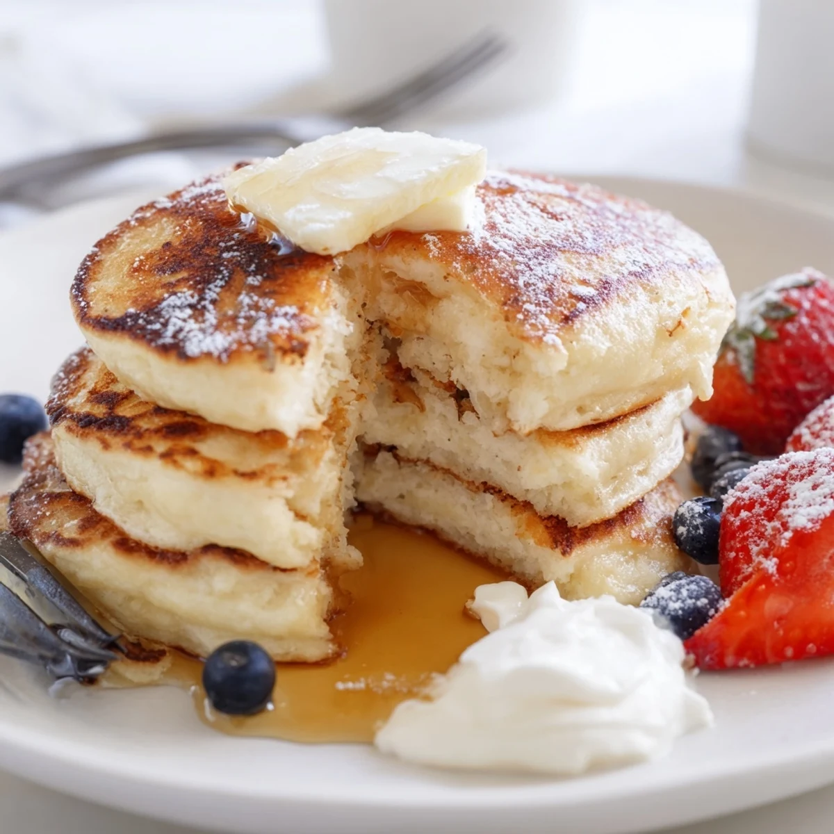 Skillet-sizzled fluffy breakfast rounds Cottage Cheese Pancakes with yogurt and lemon