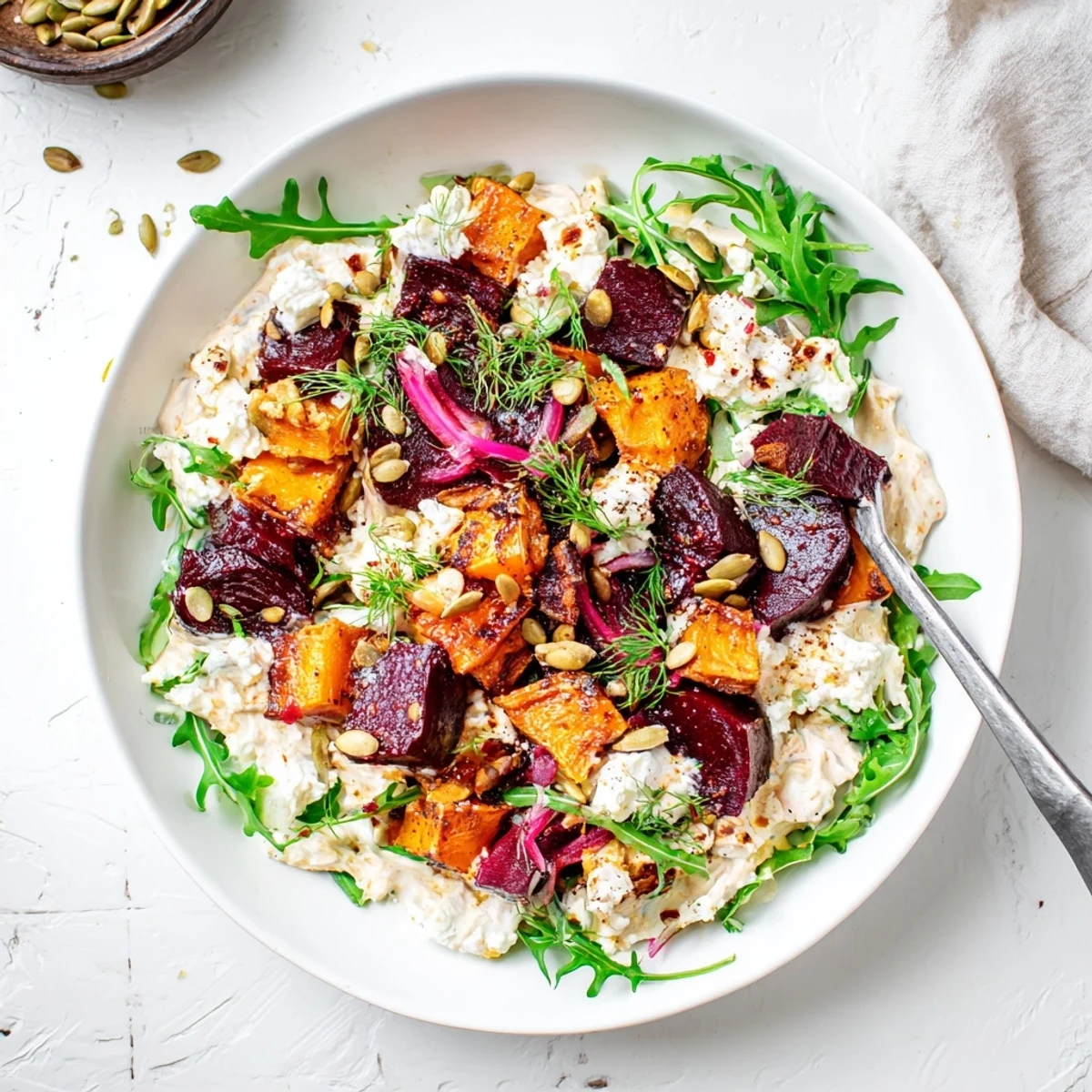 Creamy Roasted Beet Salad With Sweet Potato Feta, warm caramelized beets and creamy dressing.