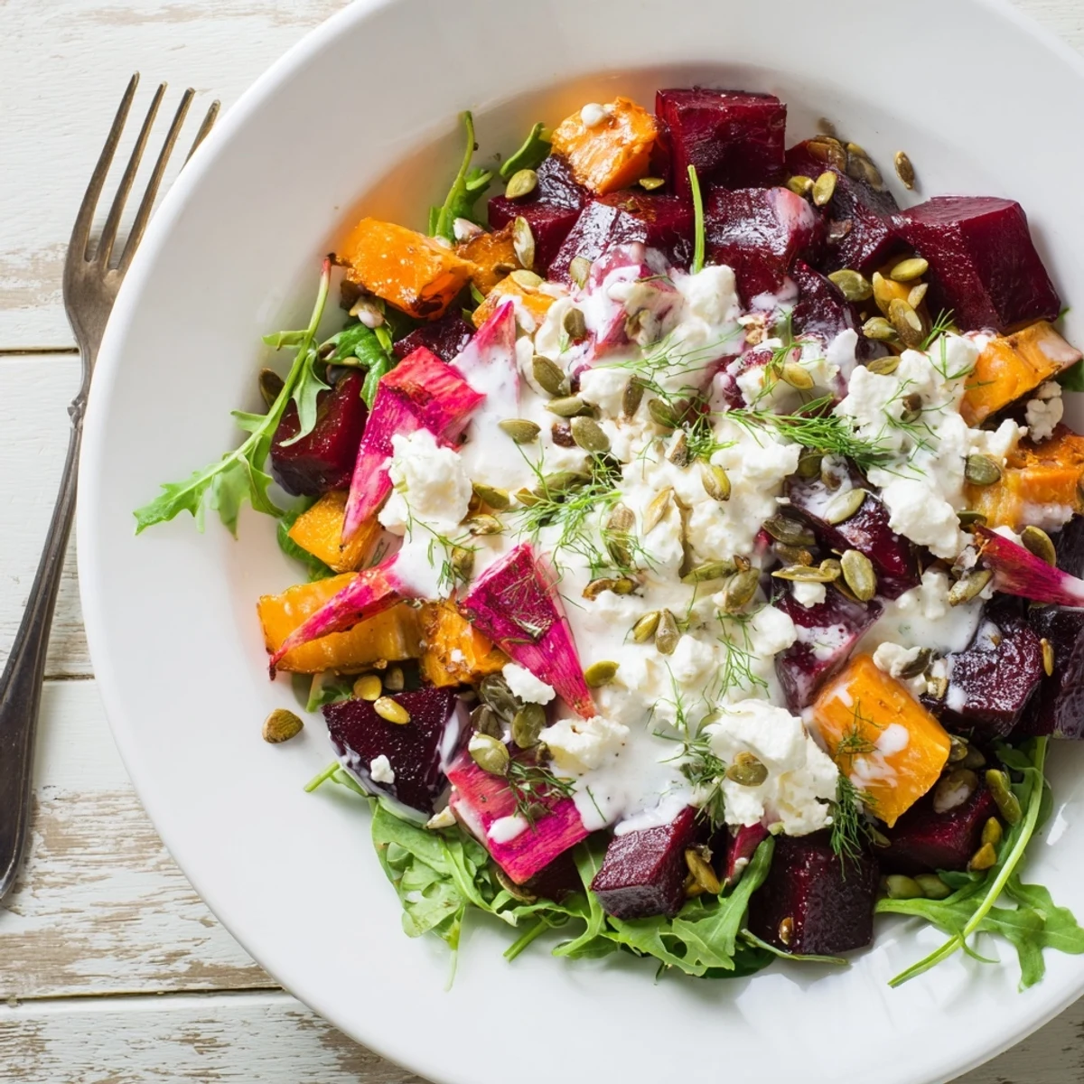 Bowl of Creamy Roasted Beet Salad With Sweet Potato Feta, peppery arugula and herbs.