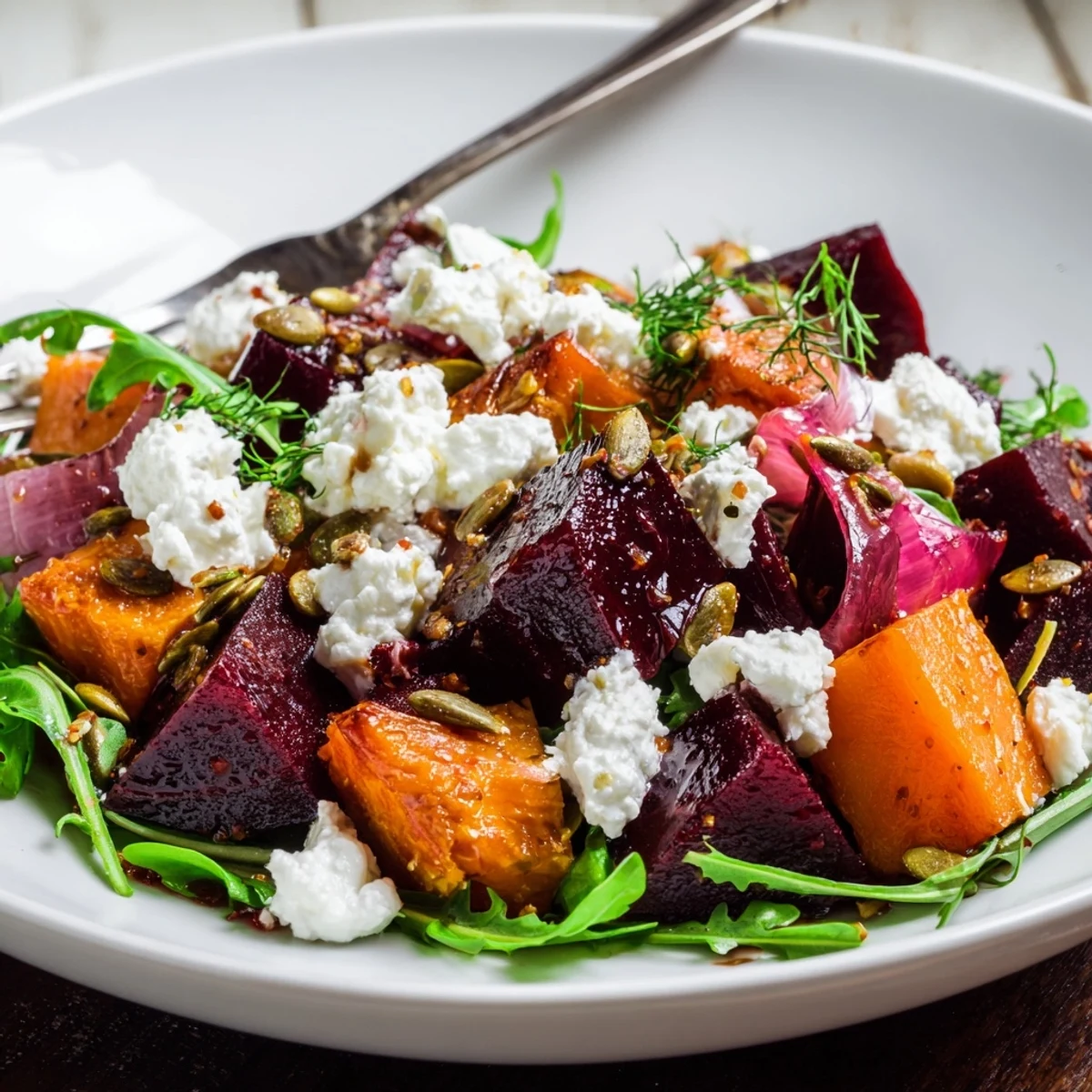 Creamy Roasted Beet Salad With Sweet Potato Feta, chilled with lemon-yogurt dressing and seeds.