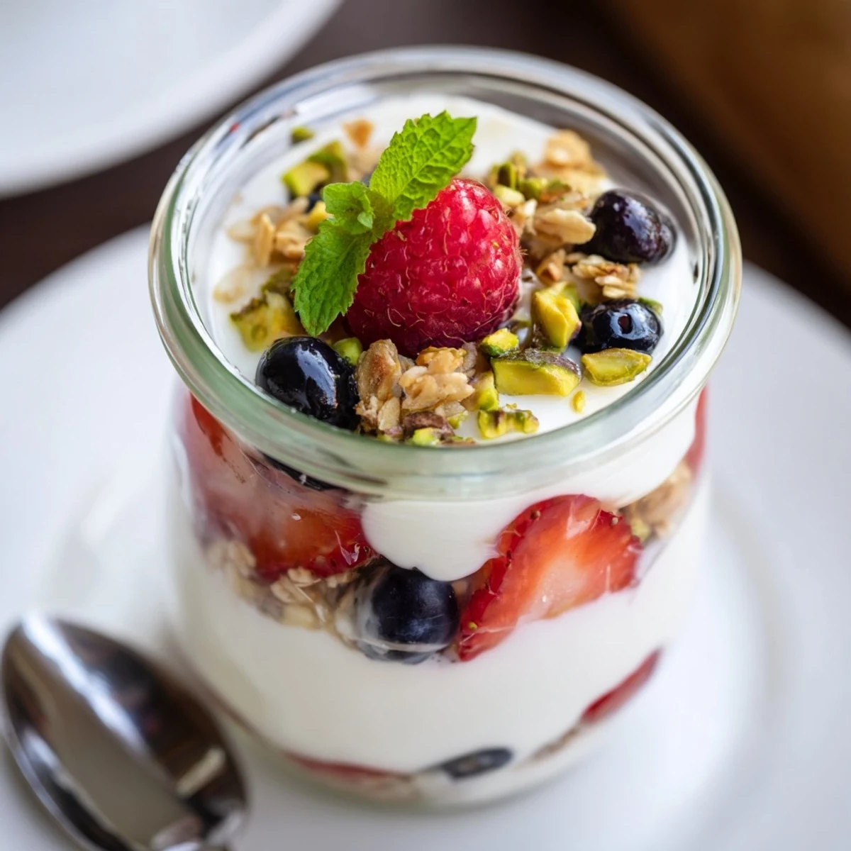 Greek Yogurt Parfait layered with creamy yogurt, bright berries, crunchy granola
