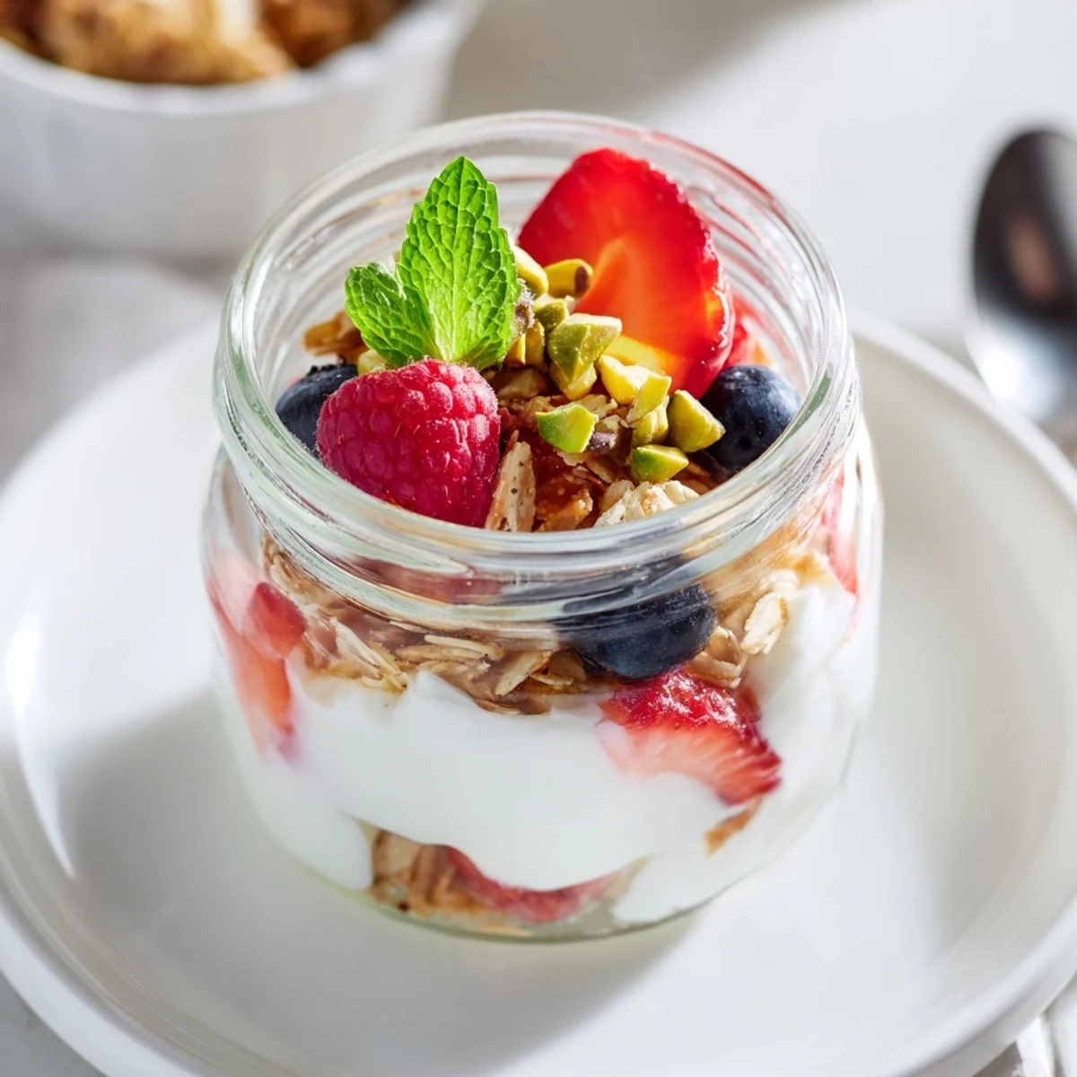 Refreshing Greek Yogurt Parfait in glass jar, honey drizzle and mint