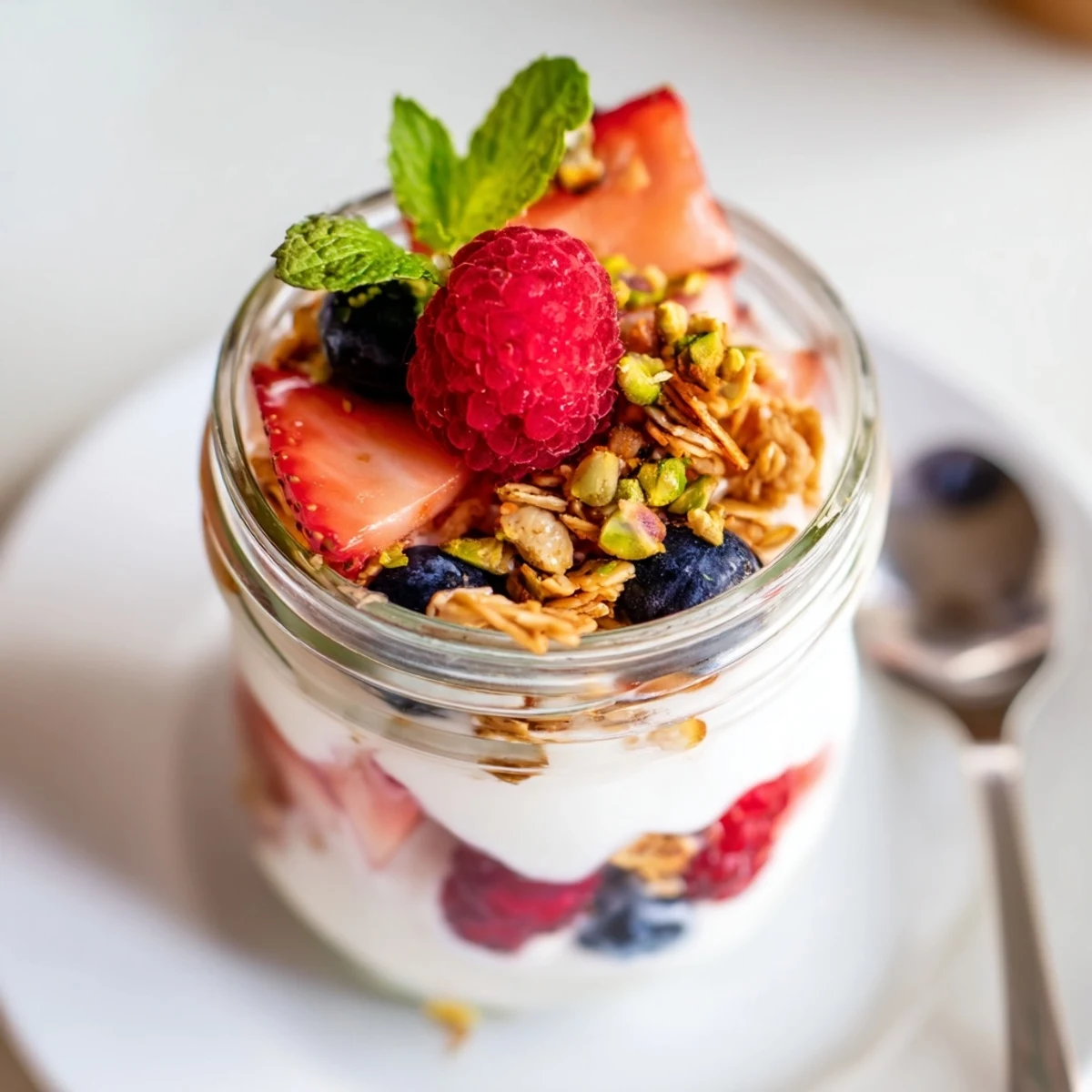 Stacked Greek Yogurt Parfait with sliced strawberries, toasted nuts, ready to eat