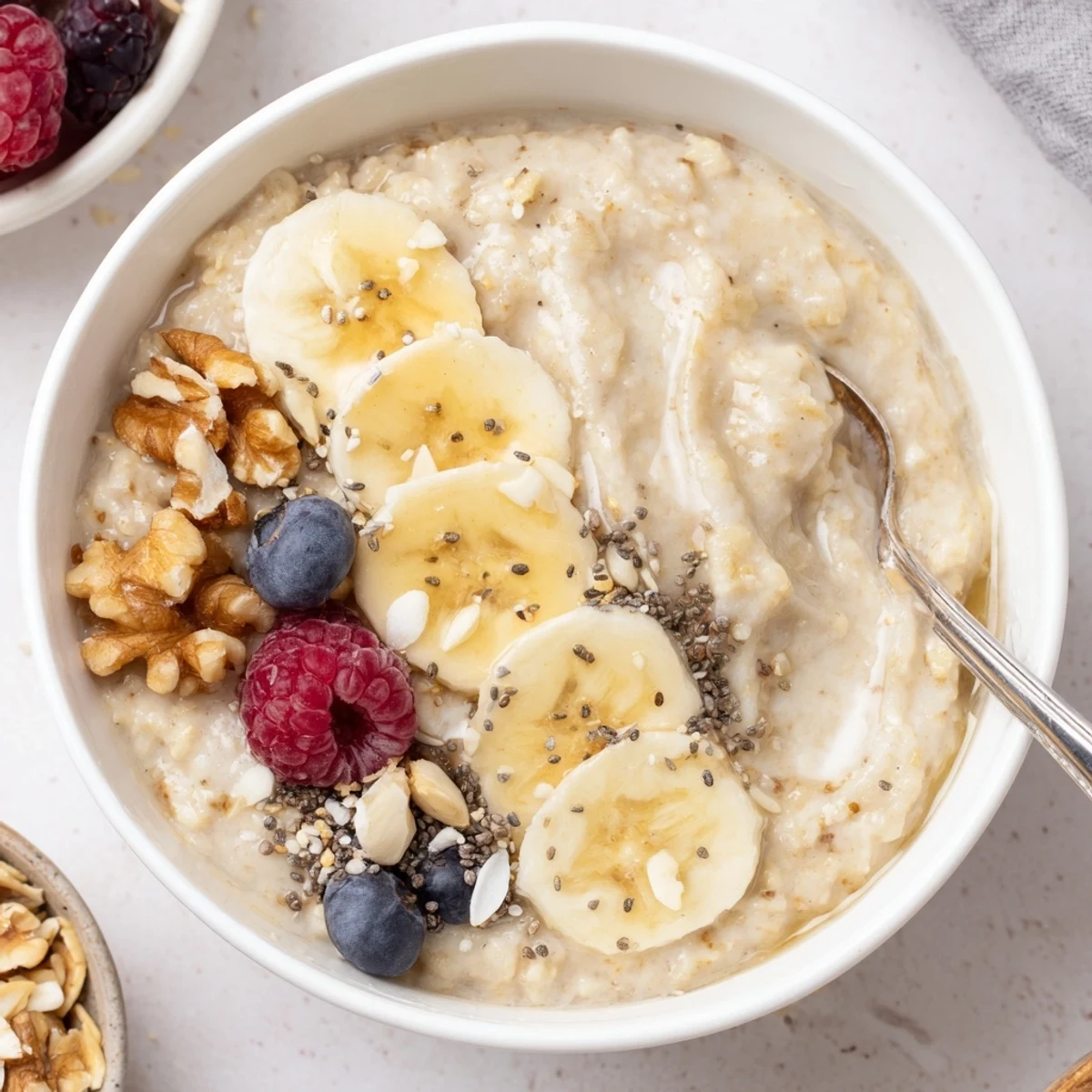 Hearty morning Protein Oatmeal with vanilla, chia, and crunchy walnut topping