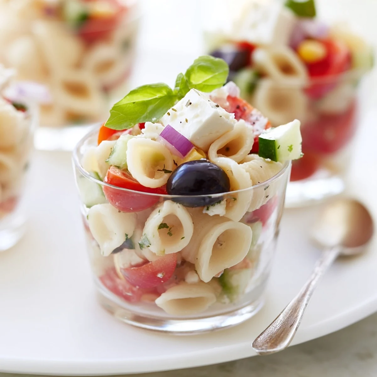 Pasta Salad Cups Recipe with colorful veggies, tangy dressing, chilled party bites.