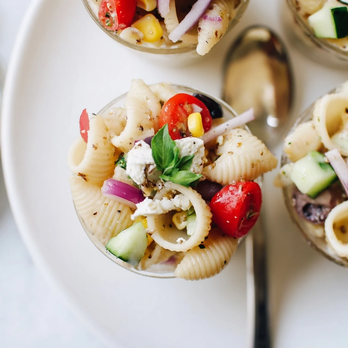 Portable Pasta Salad Cups Recipe in clear cups, zesty dressing, creamy feta.