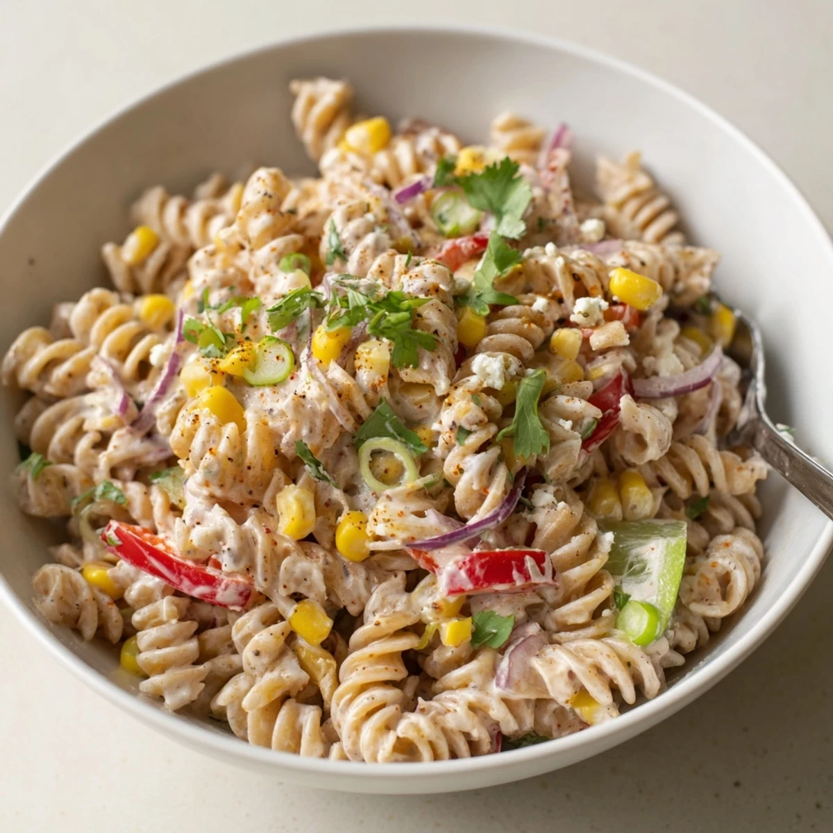 Creamy Juicy Street Corn Pasta Salad chilled for summer picnics, garnished with cotija