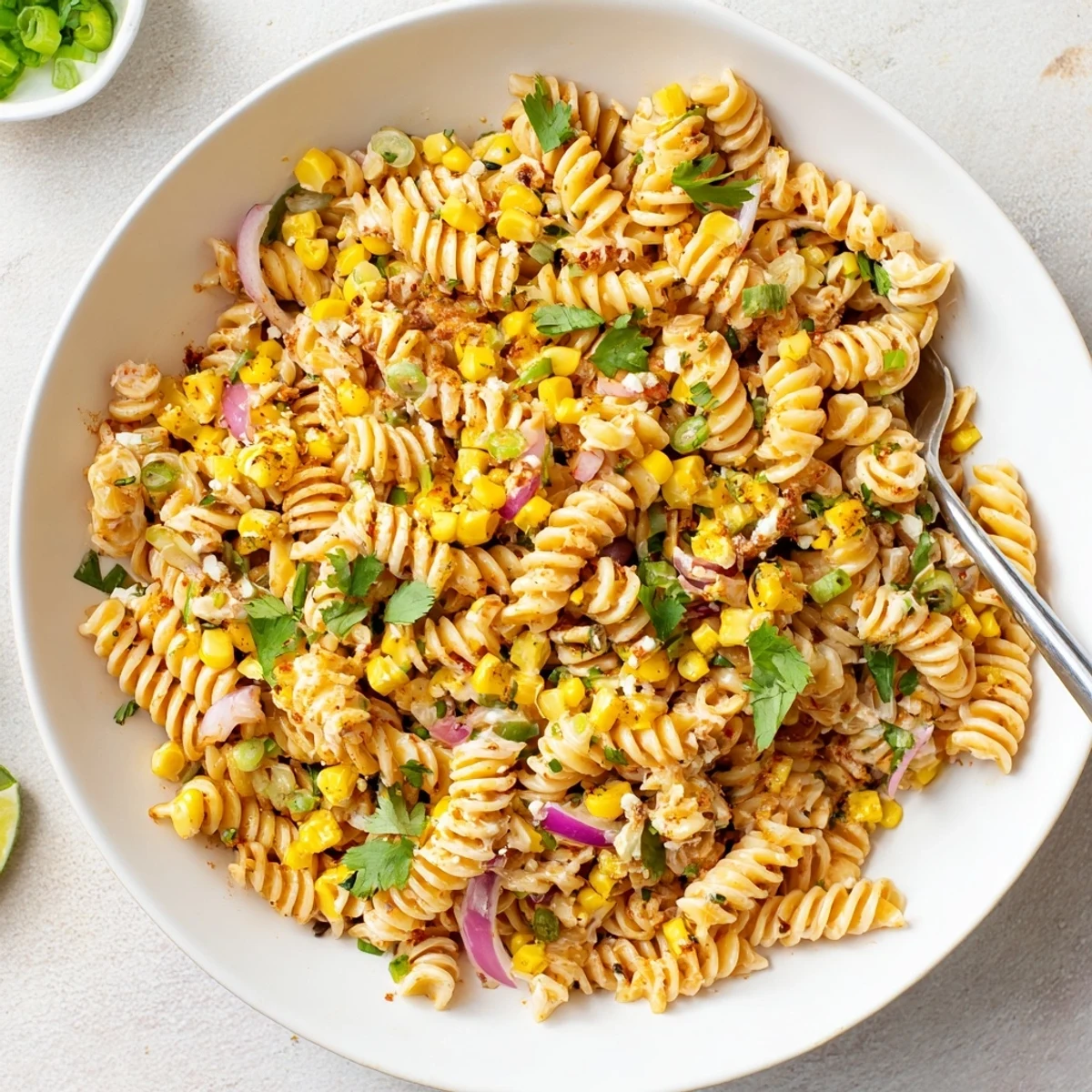 A bowl of Juicy Street Corn Pasta Salad beside lime wedges and jalapeños