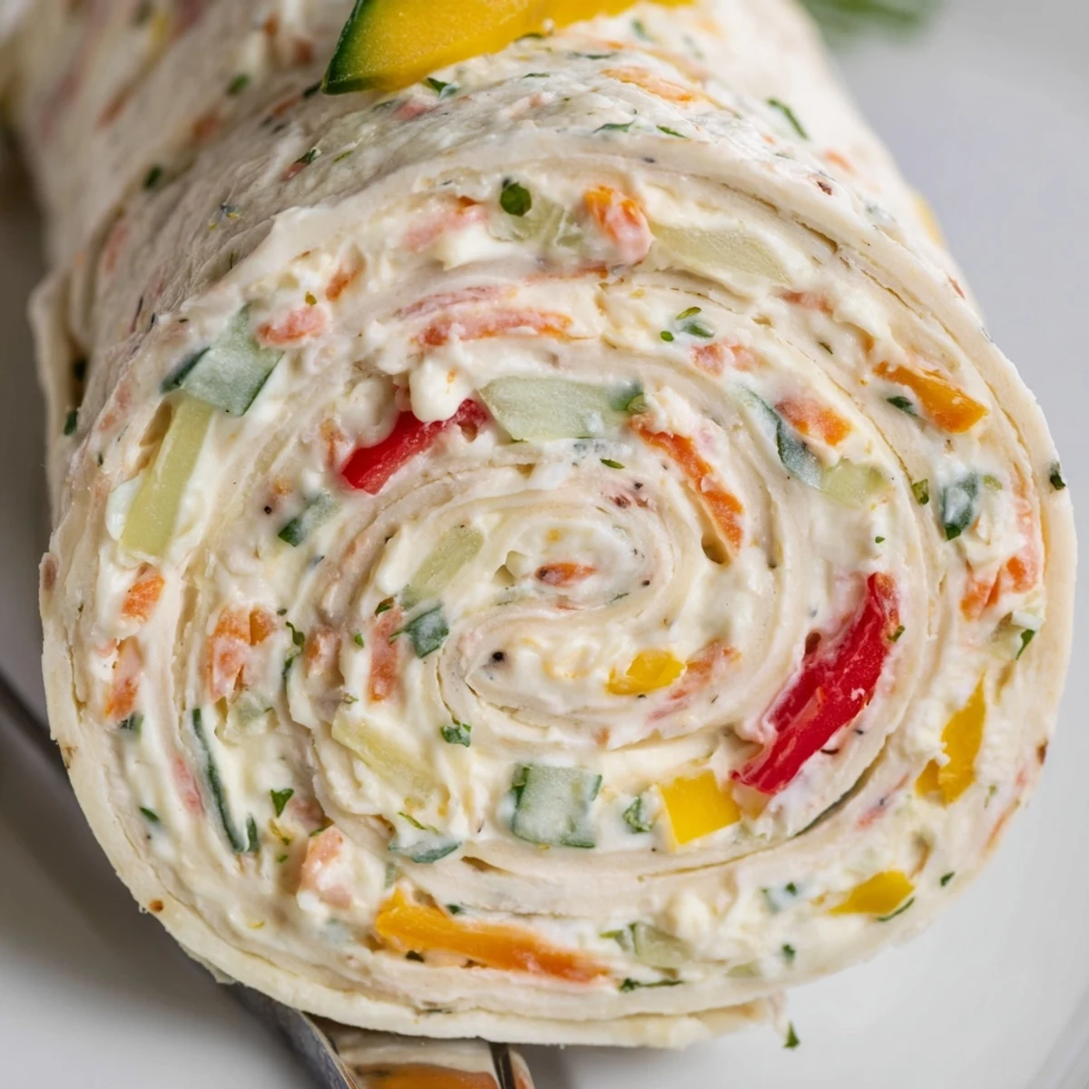 Vegetable Tortilla Roll Ups arranged on platter, creamy filling and crunchy vegetables.
