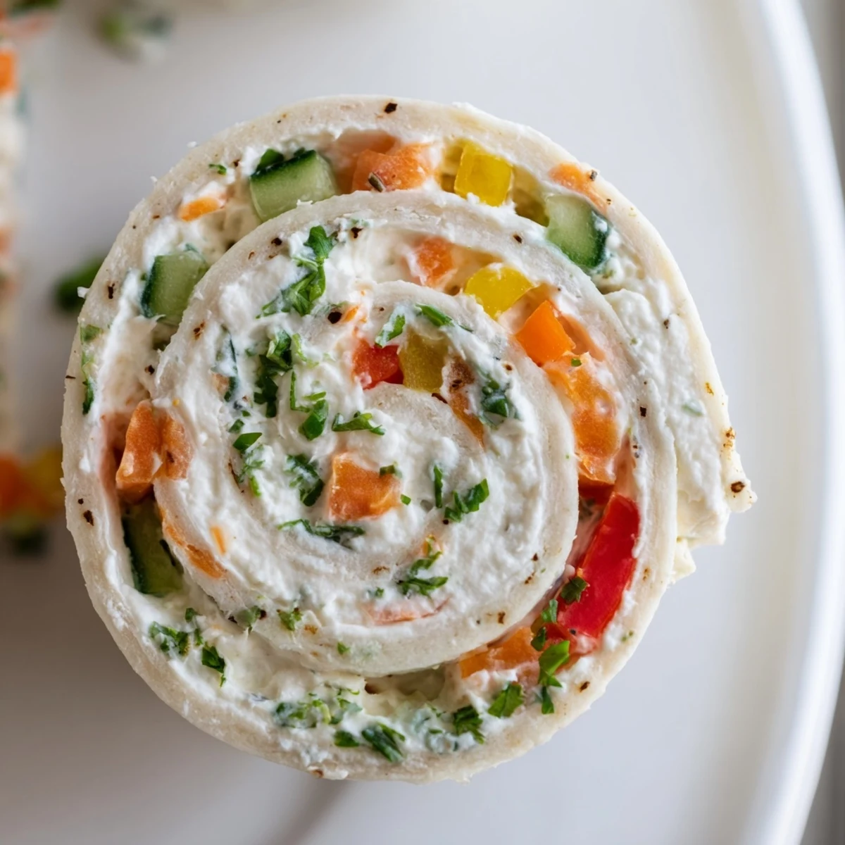 Bright Vegetable Tortilla Roll Ups sliced into pinwheels, vibrant peppers and herbs.