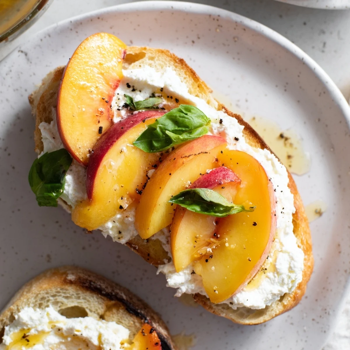 Peach Bruschetta With Whipped Ricotta on toasted baguette, basil and honey.