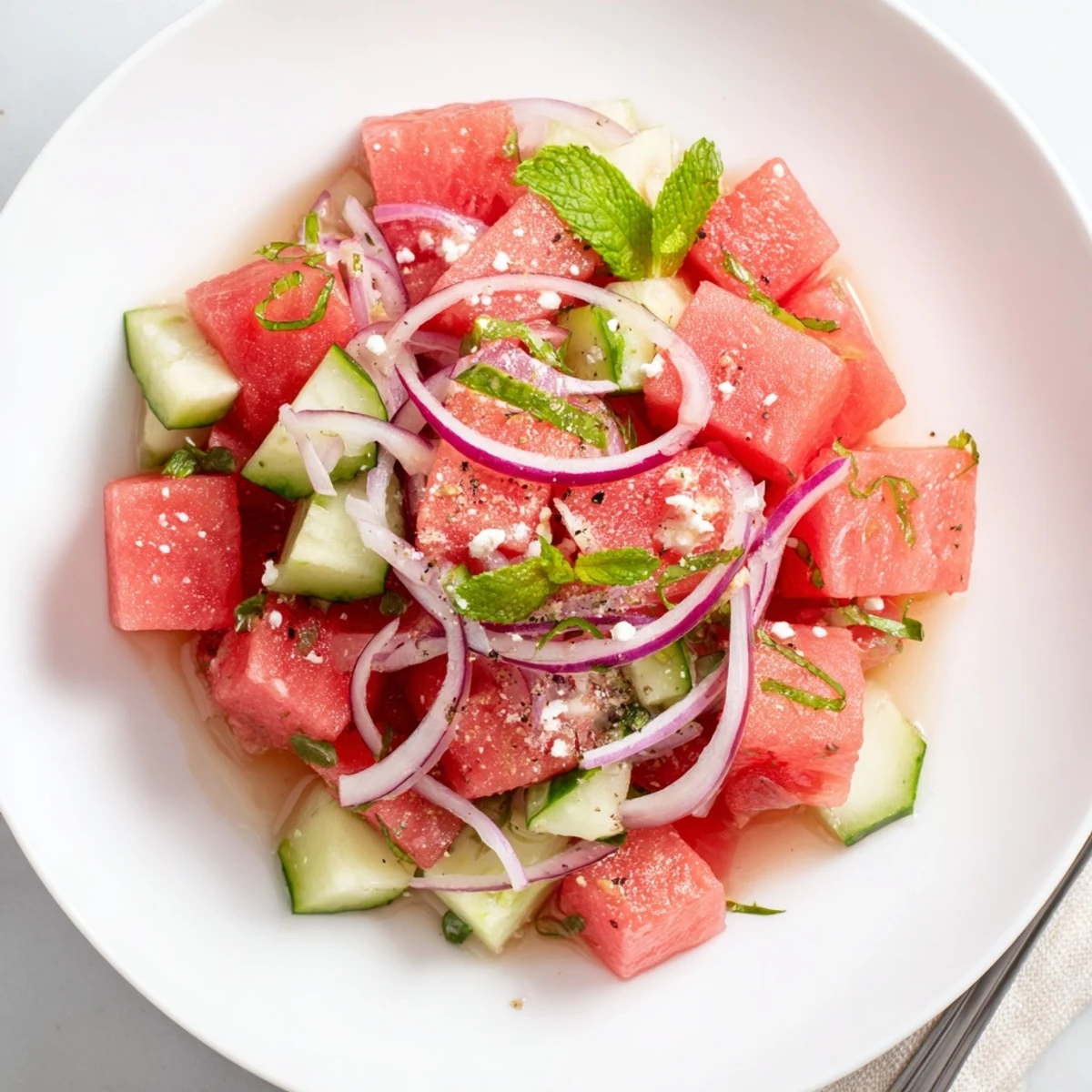 Watermelon Cucumber Salad with mint and lime, bright colors and juicy crunch